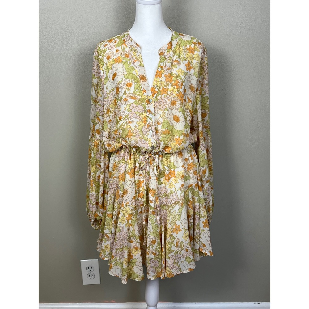 Jondie Floral Mini Dress Womens Large Orange Yellow Retro 70s Daisy V-Neck L4523